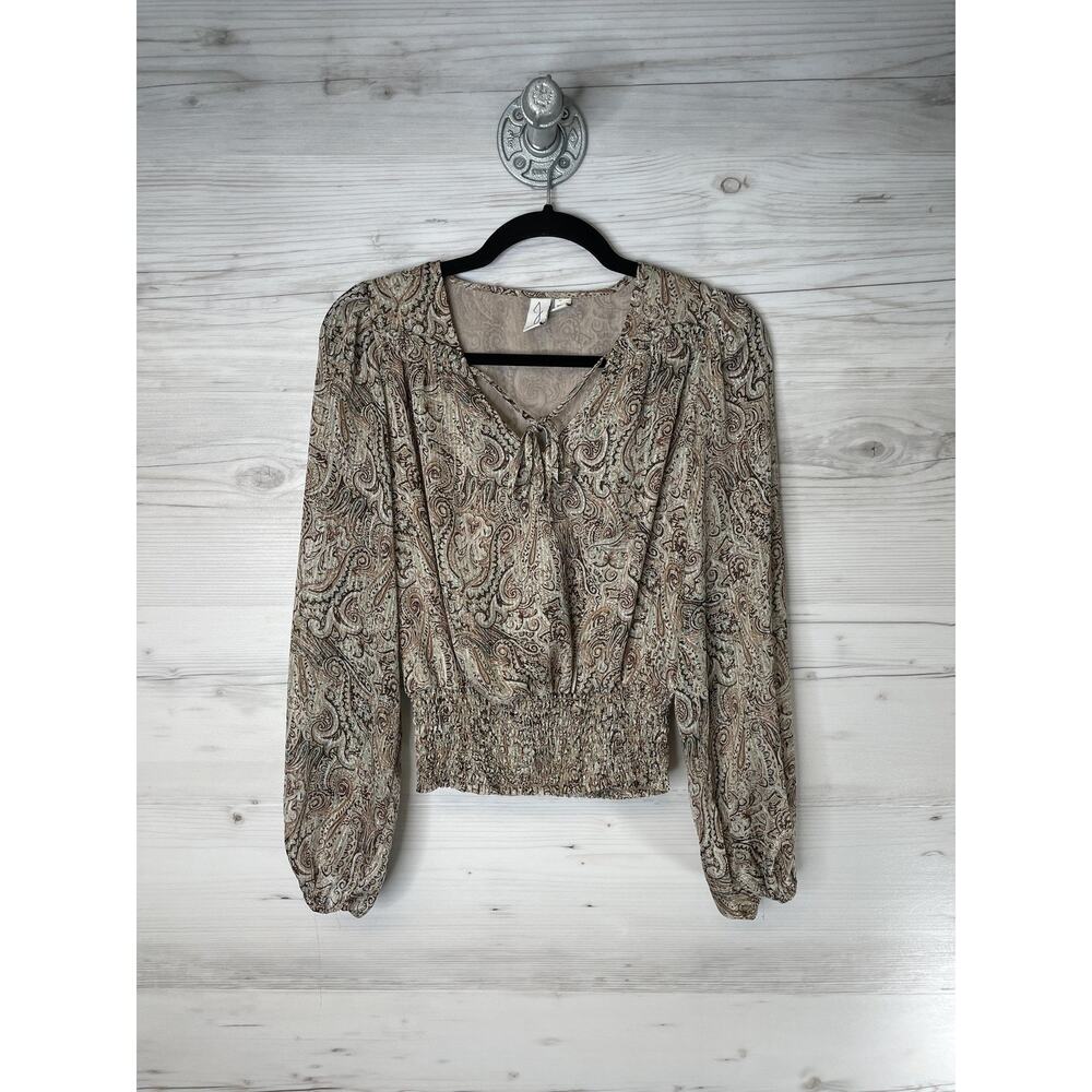Joie Blouse Womens XS Brown Paisley Metallic Smocked Hem Long Sleeve V-Neck Tie - Picture 1 of 10
